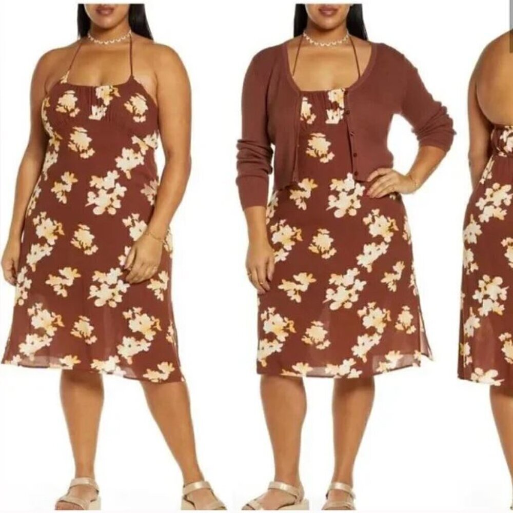 NEW BP Nordstrom Brown Ivory Floral Print Halter Midi Sun Dress Size 3X